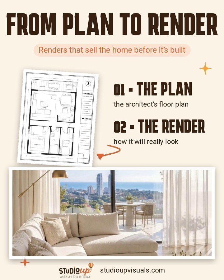 Instagram post: from plan to render — an architect’s floor plan next to the photorealistic render of the same living room and kitchen