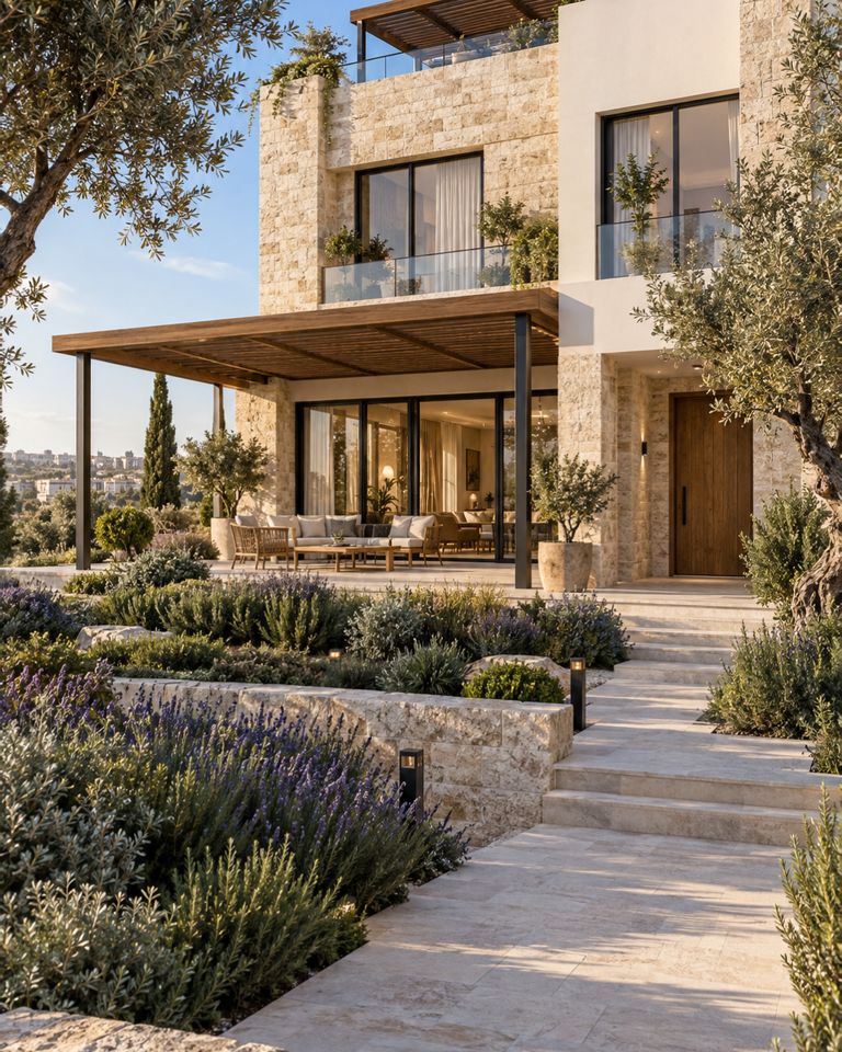 Daytime render of a stone villa